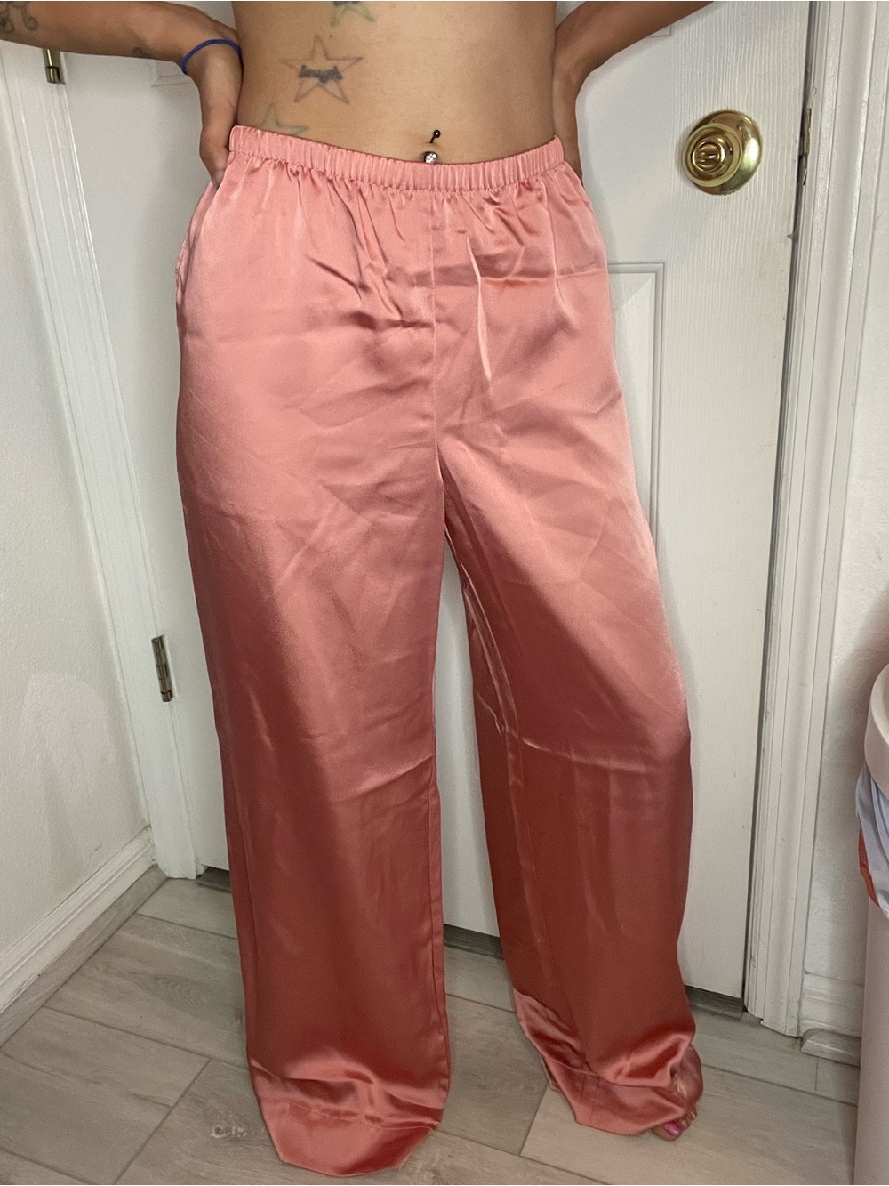 Pink Satin Pajama Lounge Pants Drawstring Solid Women's Small (A New Day)